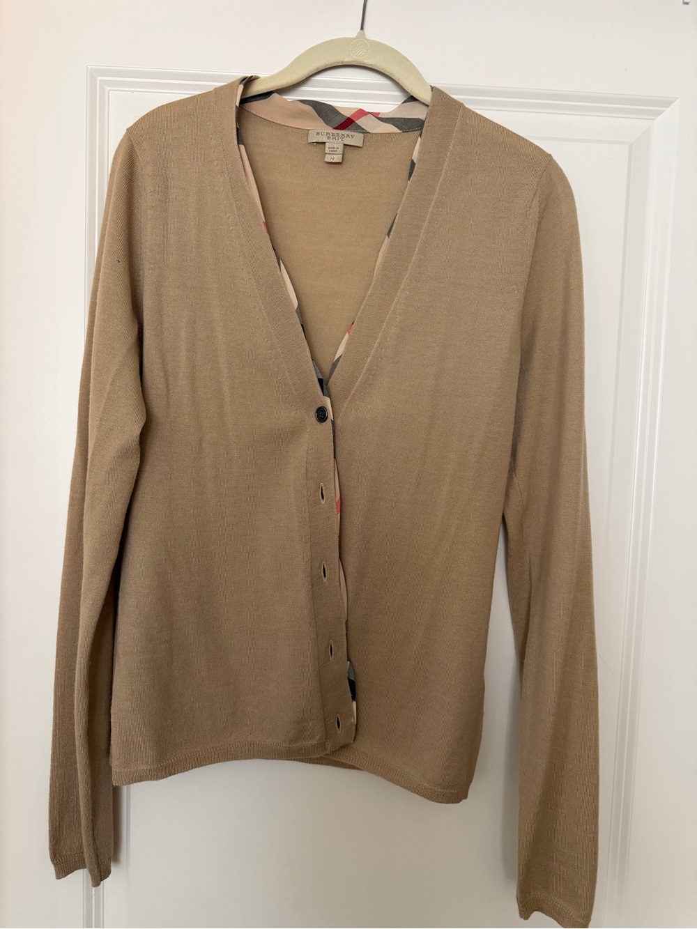 Burberry Camel/Tan V-Neck Button-Front Cardigan with Check Trim